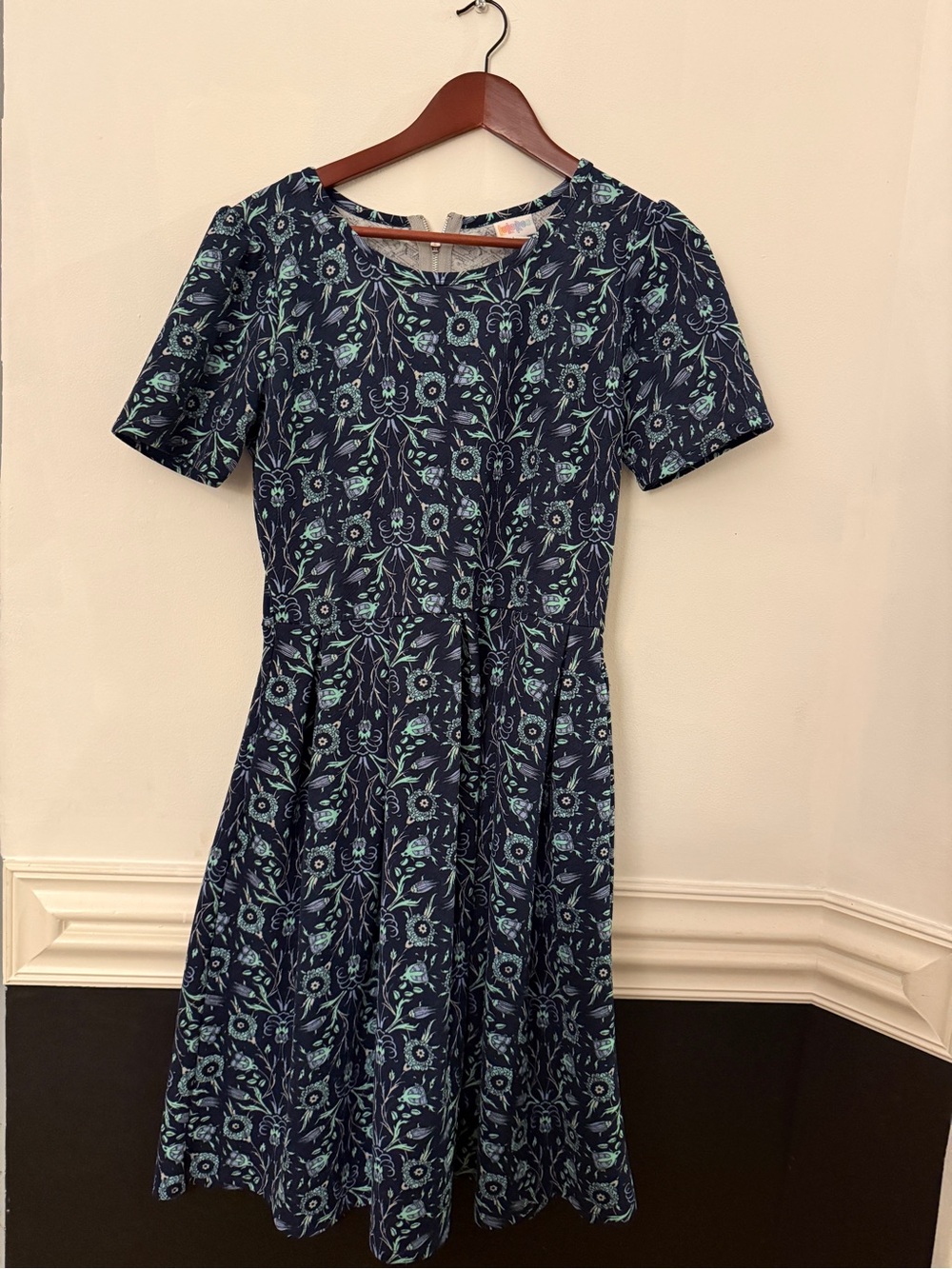 LuLaRoe Navy Midi Dress with Mint Floral Print